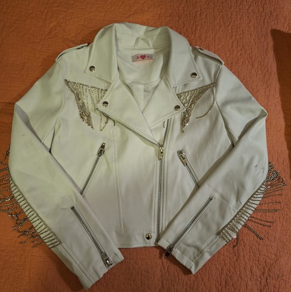Buddy Love Rife White Vegan Leather Rhinestone Fringe Moto Jacket Size M Hazer